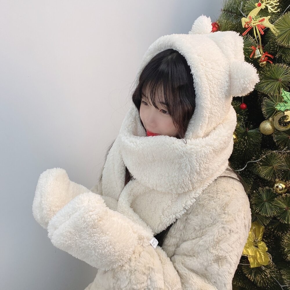 【台灣發貨】韓版保暖防寒毛毛小熊圍巾-細節圖7