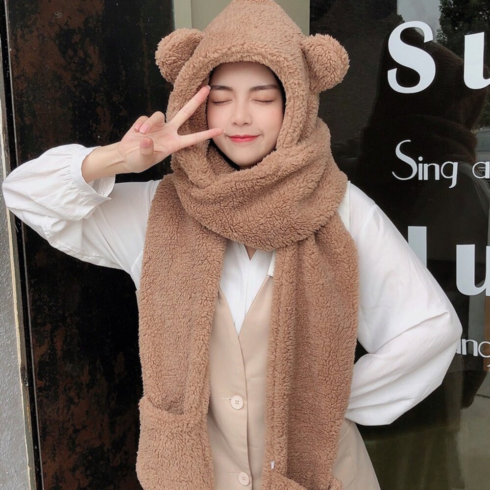 【台灣發貨】韓版保暖防寒毛毛小熊圍巾-細節圖9