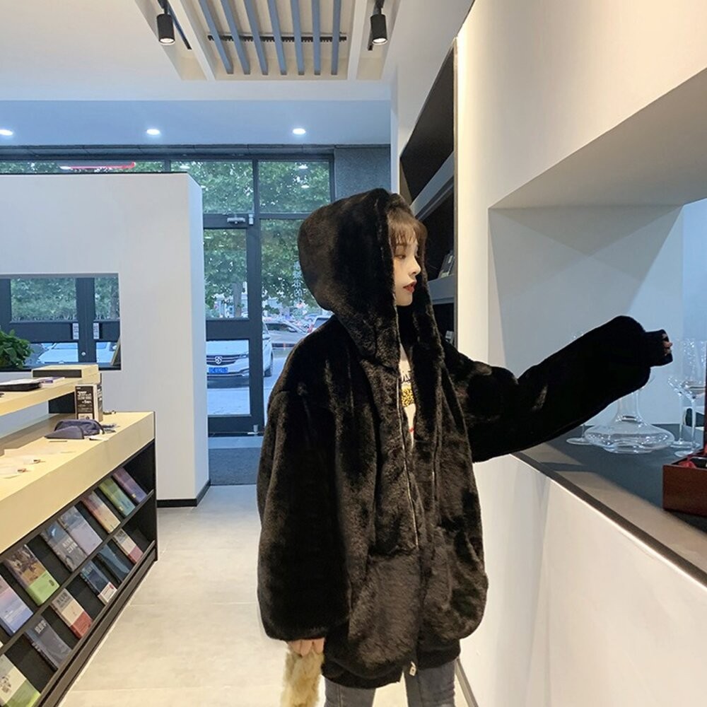 【台灣發貨】韓版寬鬆加厚連帽毛絨絨外套 外套 防曬外套 女裝 上衣 衣服 【J157】-細節圖9
