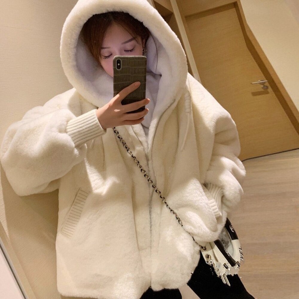 【台灣發貨】韓版毛絨保暖寬鬆連帽外套  外套 防曬外套 女裝 上衣 衣服 【J156】-細節圖2
