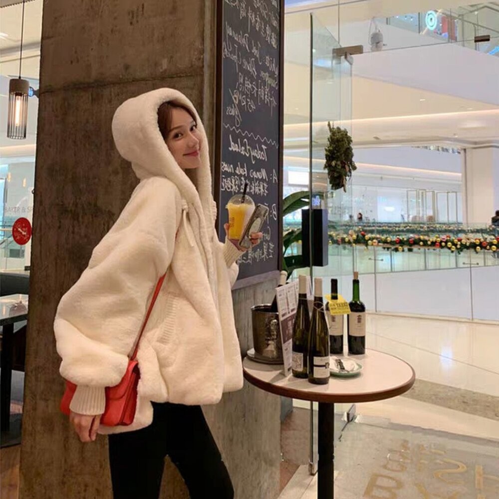 【台灣發貨】韓版毛絨保暖寬鬆連帽外套  外套 防曬外套 女裝 上衣 衣服 【J156】-細節圖3