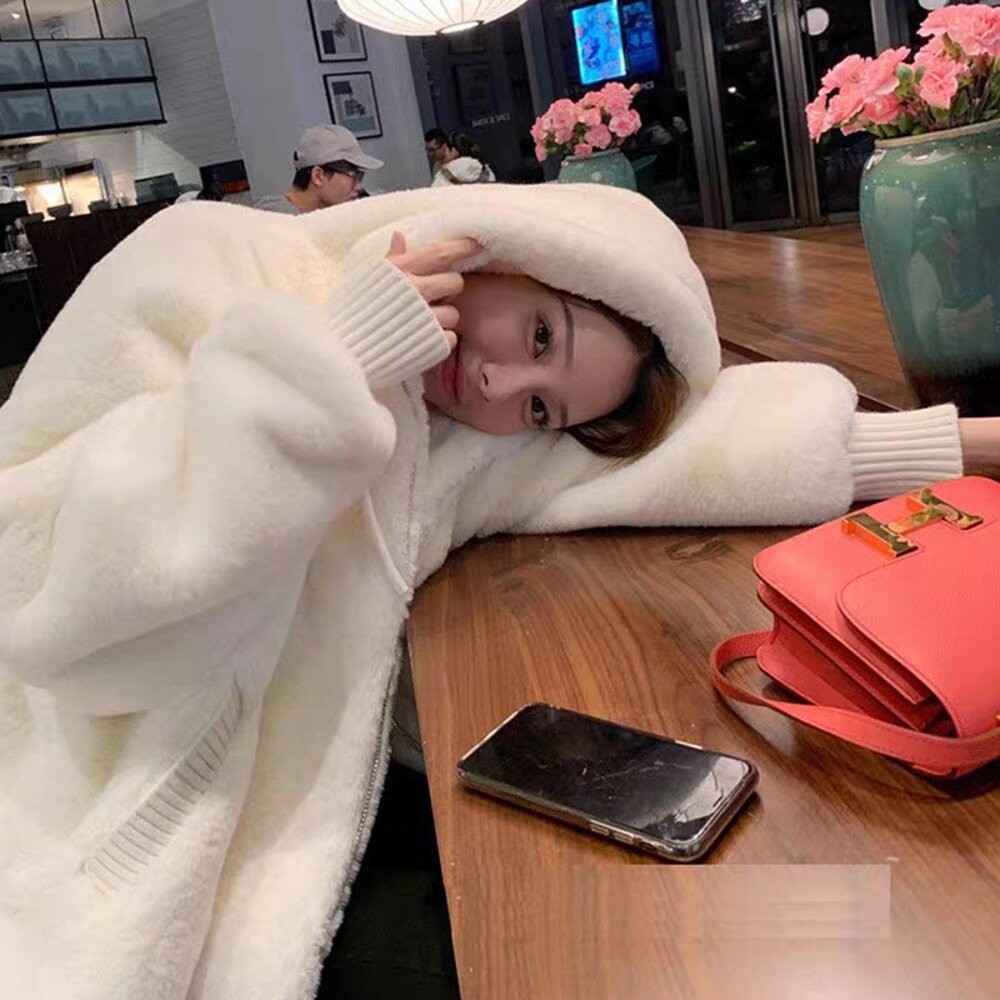 【台灣發貨】韓版毛絨保暖寬鬆連帽外套  外套 防曬外套 女裝 上衣 衣服 【J156】-細節圖7