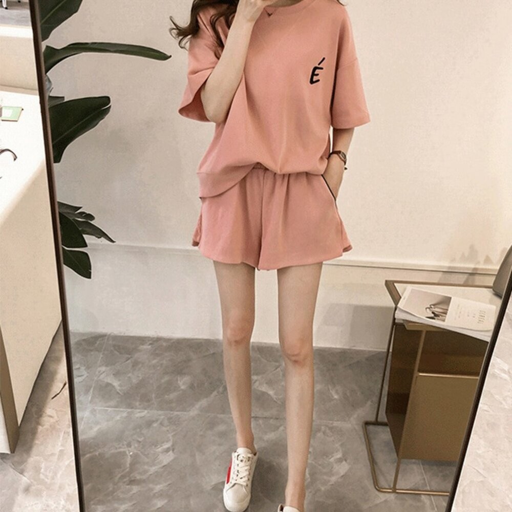 【台灣發貨】韓版寬鬆素色休閒運動套裝 短褲 褲子 女裝 衣服 女裝 t恤 短袖t恤 上衣【S65】-細節圖4