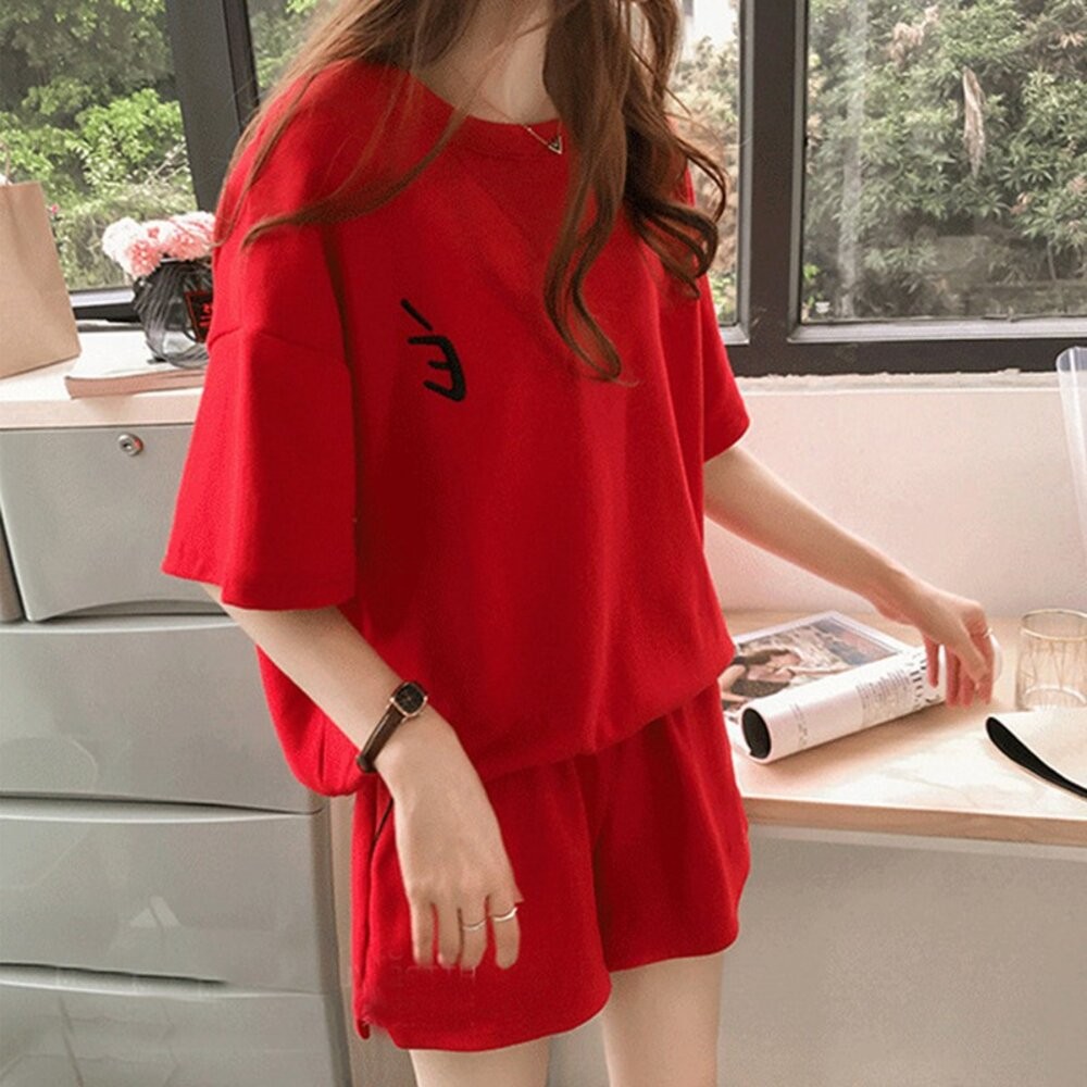 【台灣發貨】韓版寬鬆素色休閒運動套裝 短褲 褲子 女裝 衣服 女裝 t恤 短袖t恤 上衣【S65】-細節圖9