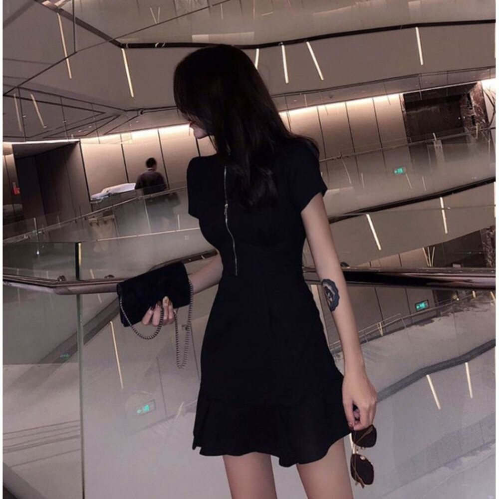 【台灣發貨】韓版新款極簡主義心機拉鍊黑色洋裝 裙子 褲裙 長裙 女裝【T214】-細節圖2