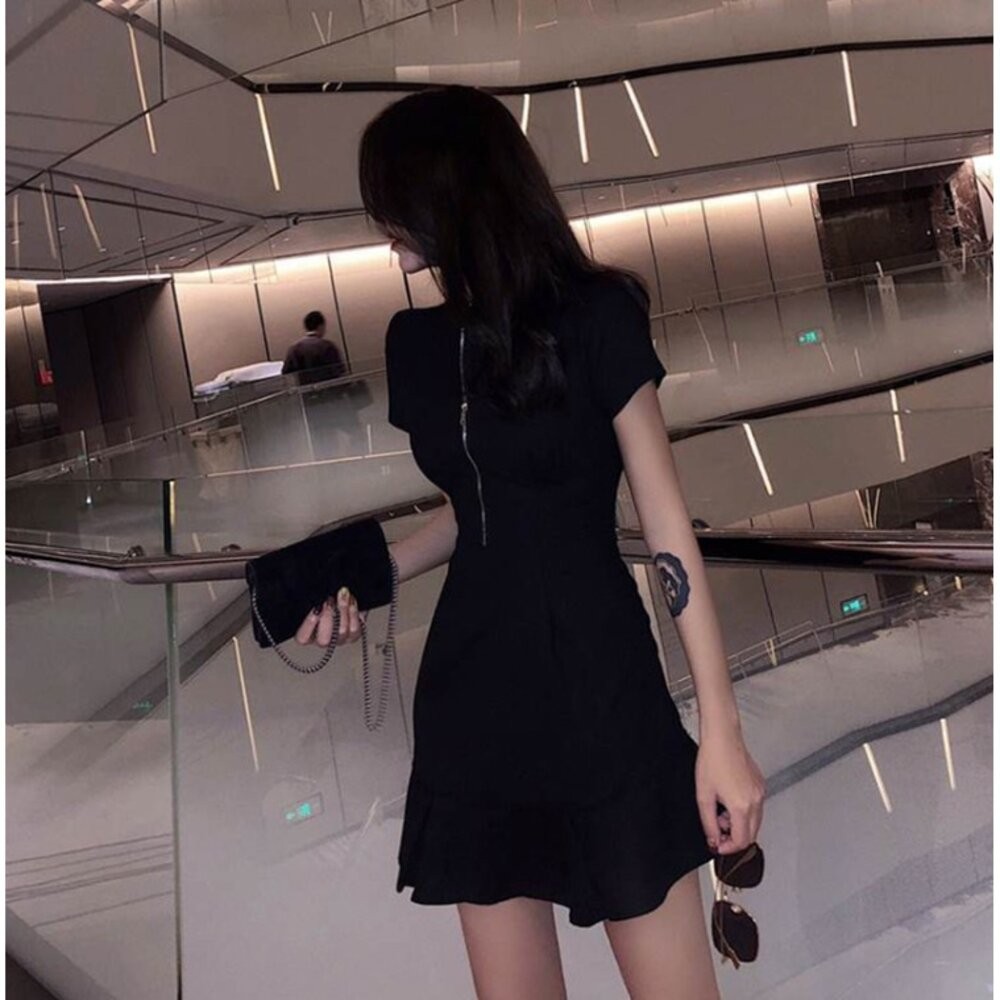 【台灣發貨】韓版新款極簡主義心機拉鍊黑色洋裝 裙子 褲裙 長裙 女裝【T214】-細節圖4
