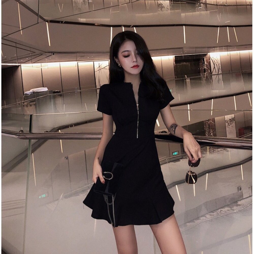 【台灣發貨】韓版新款極簡主義心機拉鍊黑色洋裝 裙子 褲裙 長裙 女裝【T214】-細節圖6