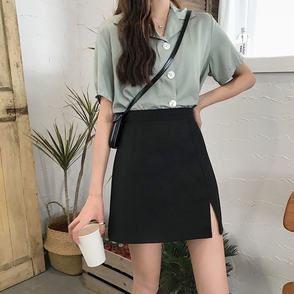 【台灣發貨】韓版寬鬆顯瘦百搭高腰開叉包臀短裙 子 褲裙 女裝【P219】-細節圖4