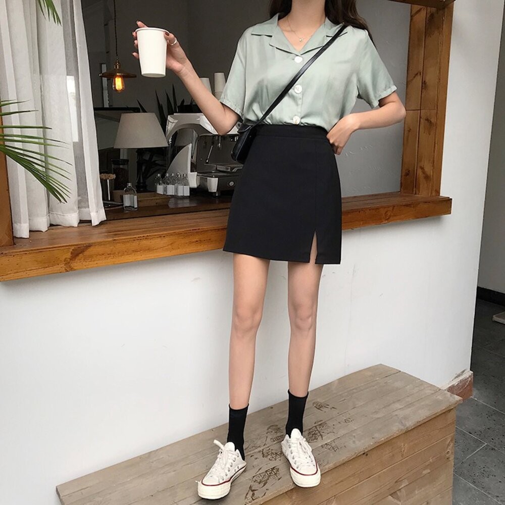 【台灣發貨】韓版寬鬆顯瘦百搭高腰開叉包臀短裙 子 褲裙 女裝【P219】-細節圖6