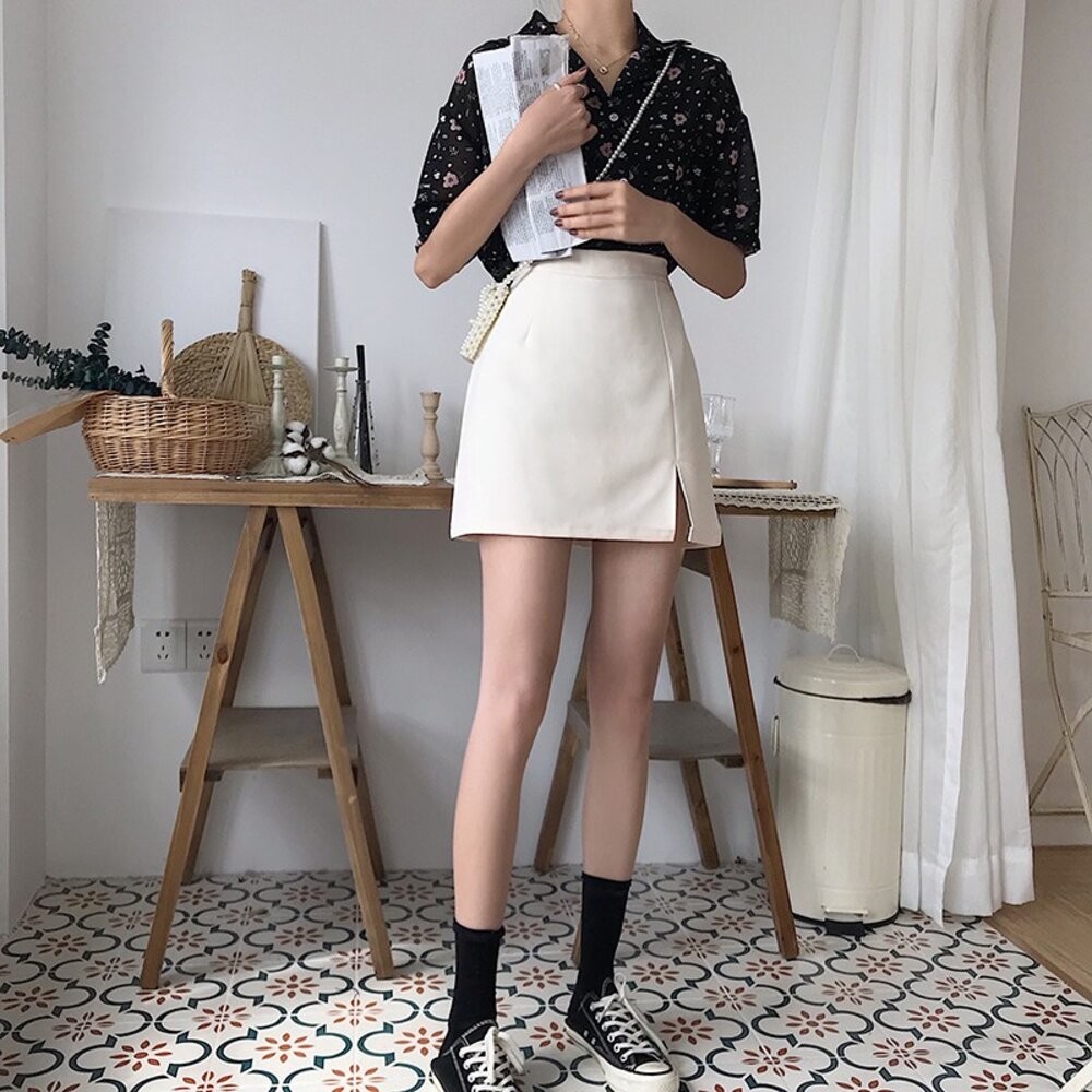 【台灣發貨】韓版寬鬆顯瘦百搭高腰開叉包臀短裙 子 褲裙 女裝【P219】-細節圖8