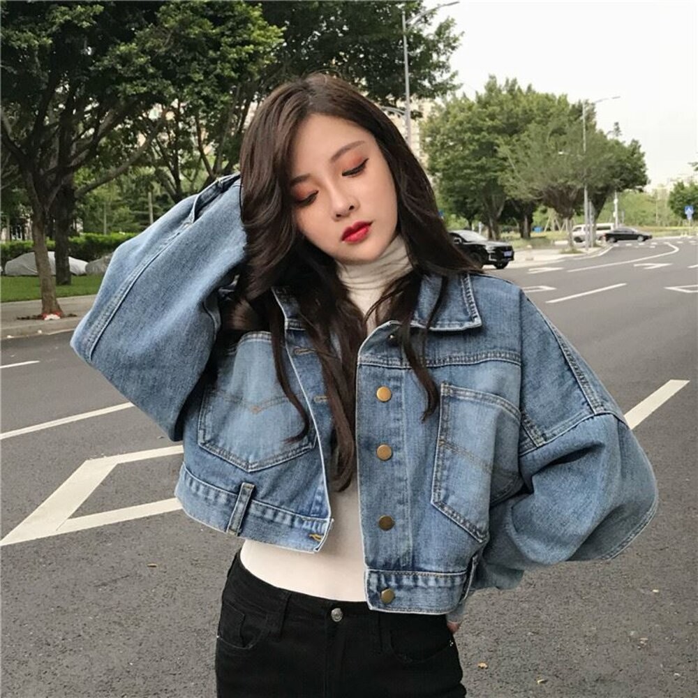 【台灣發貨】韓闆復古寬鬆蝙蝠袖短版牛仔外套 外套 防曬外套 女裝 上衣 衣服【J92】-細節圖7