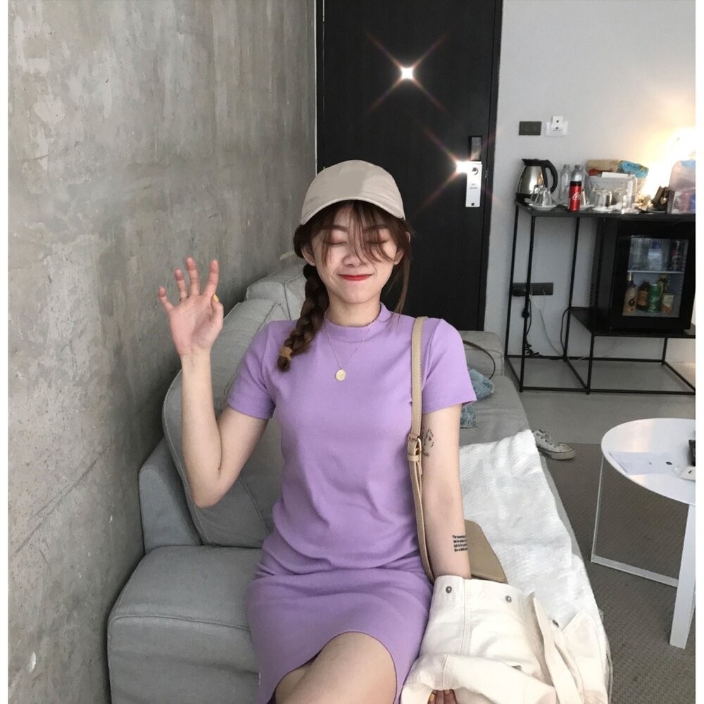 【台灣發貨】韓版素色彈性顯瘦長版短袖連衣裙 裙子 褲裙 女裝【T218】-細節圖5
