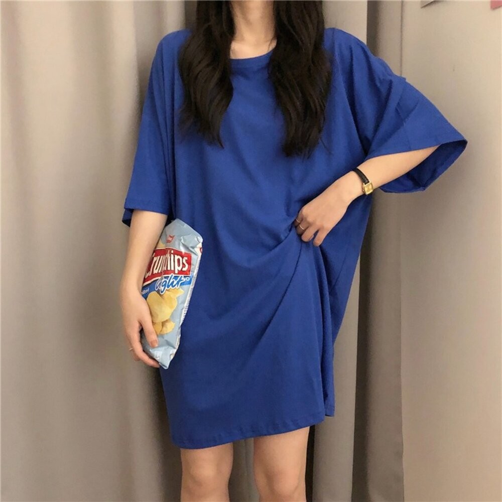 【台灣發貨】韓版寬鬆舒適長版短袖素色連衣裙 裙子 褲裙 長裙 女裝【T224】-細節圖7