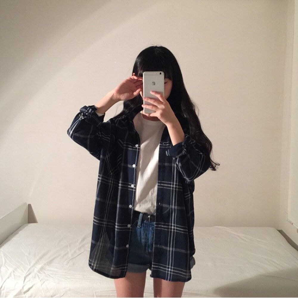 【台灣發貨】韓國寬鬆百搭格子棉麻中長款外套 外套 防曬外套 女裝 上衣 衣服 【J123】-細節圖2