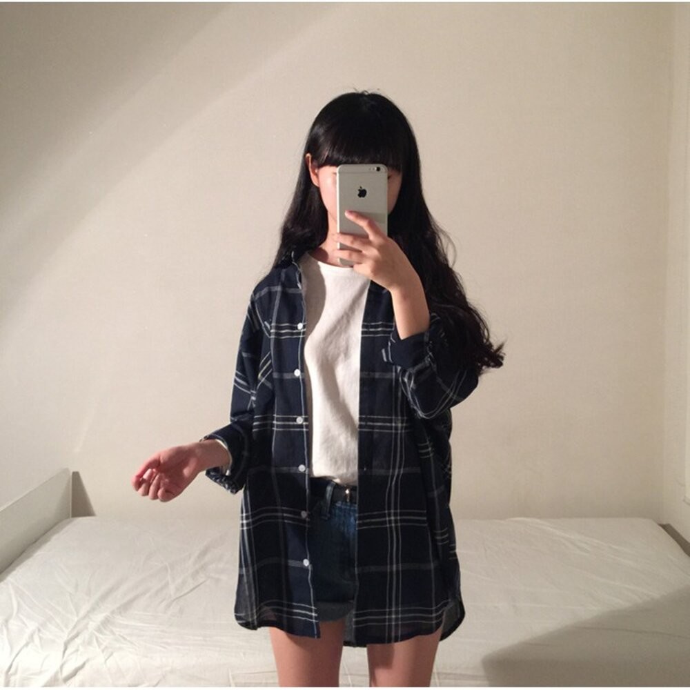 【台灣發貨】韓國寬鬆百搭格子棉麻中長款外套 外套 防曬外套 女裝 上衣 衣服 【J123】-細節圖6