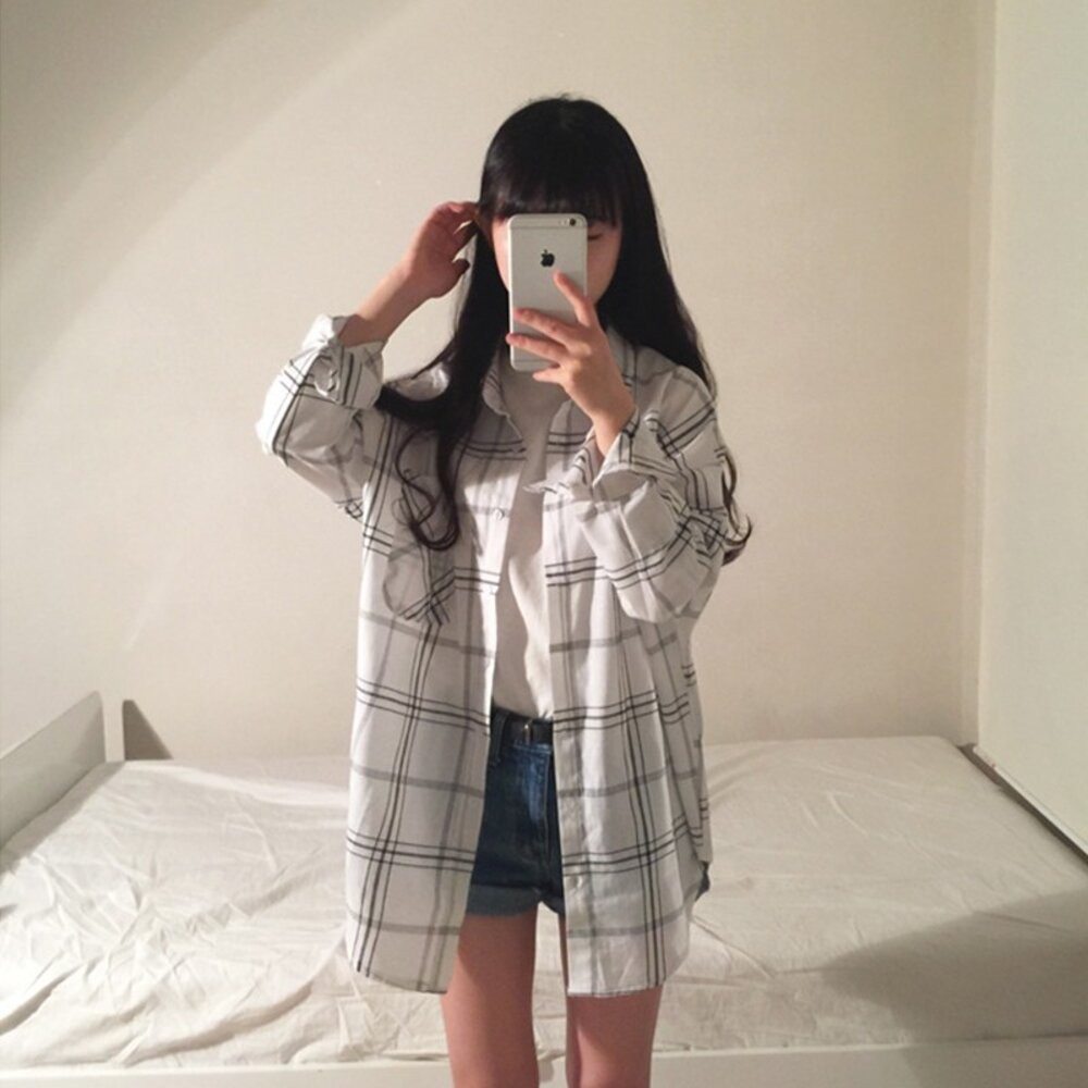 【台灣發貨】韓國寬鬆百搭格子棉麻中長款外套 外套 防曬外套 女裝 上衣 衣服 【J123】-細節圖7