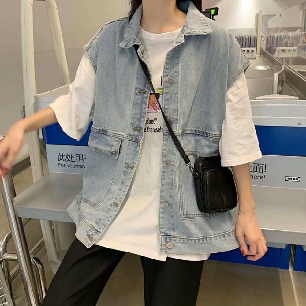 【台灣發貨】韓版寬鬆百搭無袖牛仔外套 外套 防曬外套 女裝 上衣 衣服【J124】-細節圖2
