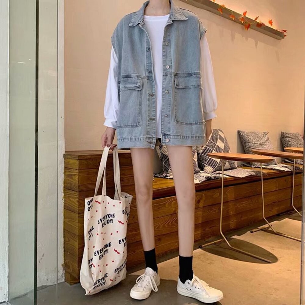 【台灣發貨】韓版寬鬆百搭無袖牛仔外套 外套 防曬外套 女裝 上衣 衣服【J124】-細節圖3