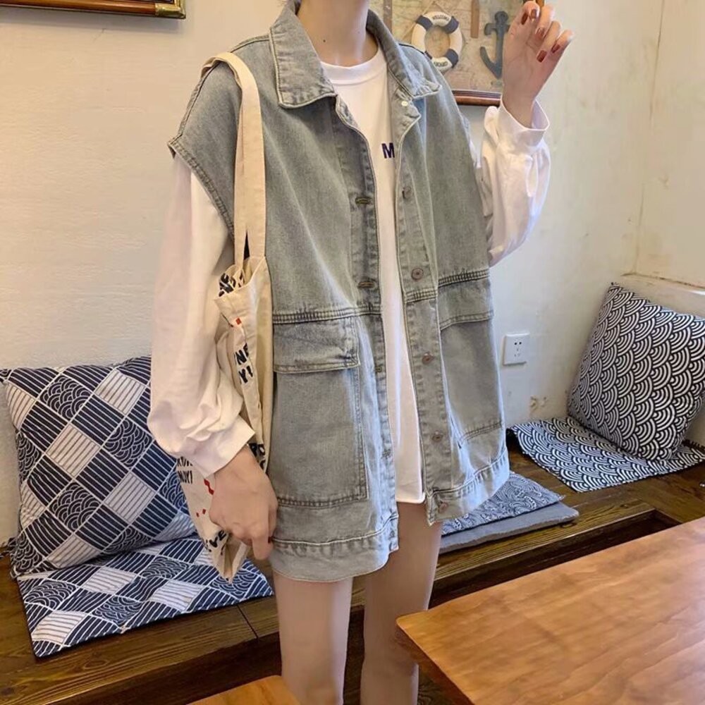 【台灣發貨】韓版寬鬆百搭無袖牛仔外套 外套 防曬外套 女裝 上衣 衣服【J124】-細節圖7