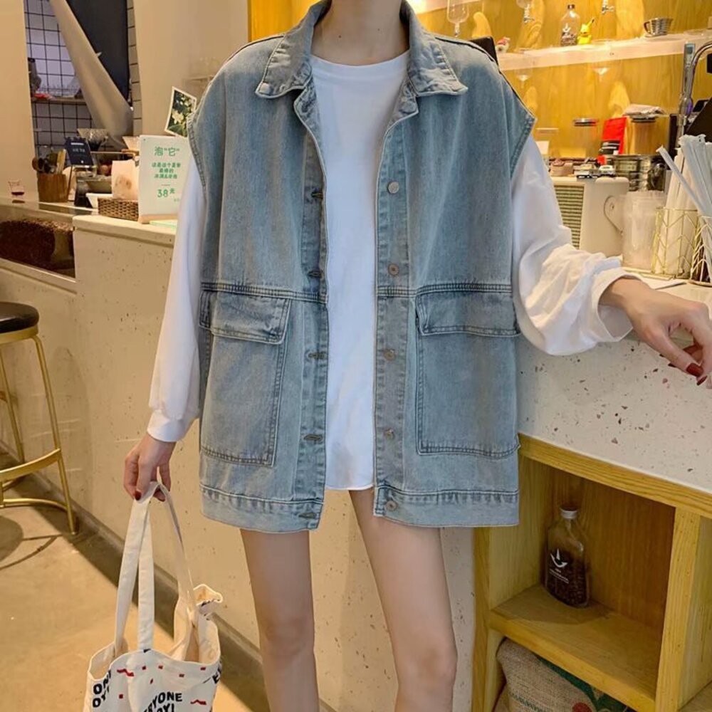 【台灣發貨】韓版寬鬆百搭無袖牛仔外套 外套 防曬外套 女裝 上衣 衣服【J124】-細節圖8
