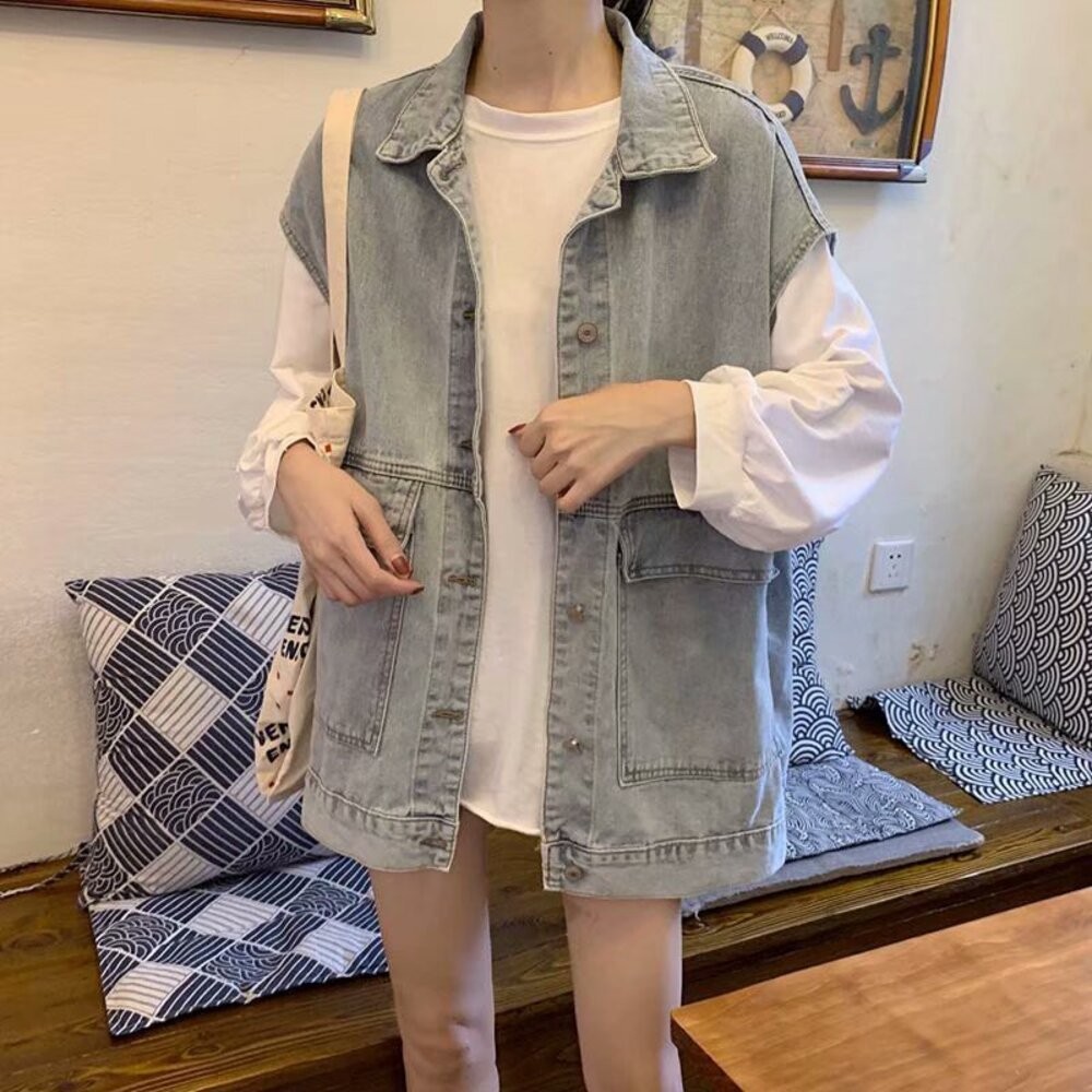【台灣發貨】韓版寬鬆百搭無袖牛仔外套 外套 防曬外套 女裝 上衣 衣服【J124】-細節圖9