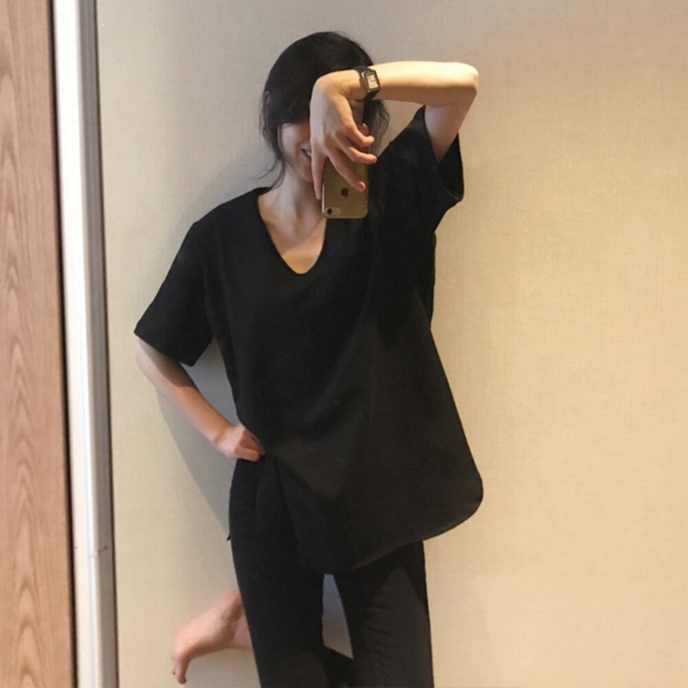 【台灣發貨】韓版素色開叉中長款寬鬆短袖連衣裙 裙子 褲裙 長裙 女裝【T242】-細節圖4