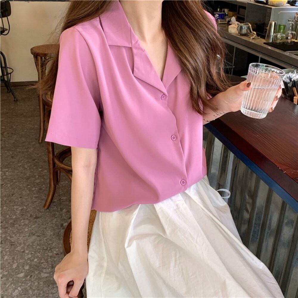 【台灣發貨】韓版寬鬆西裝領短袖襯衫 衣服 女裝 t恤 短袖t恤 上衣【T269】-細節圖2