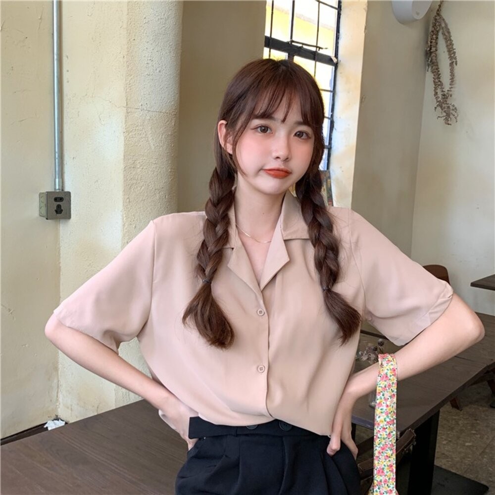 【台灣發貨】韓版寬鬆西裝領短袖襯衫 衣服 女裝 t恤 短袖t恤 上衣【T269】-細節圖4