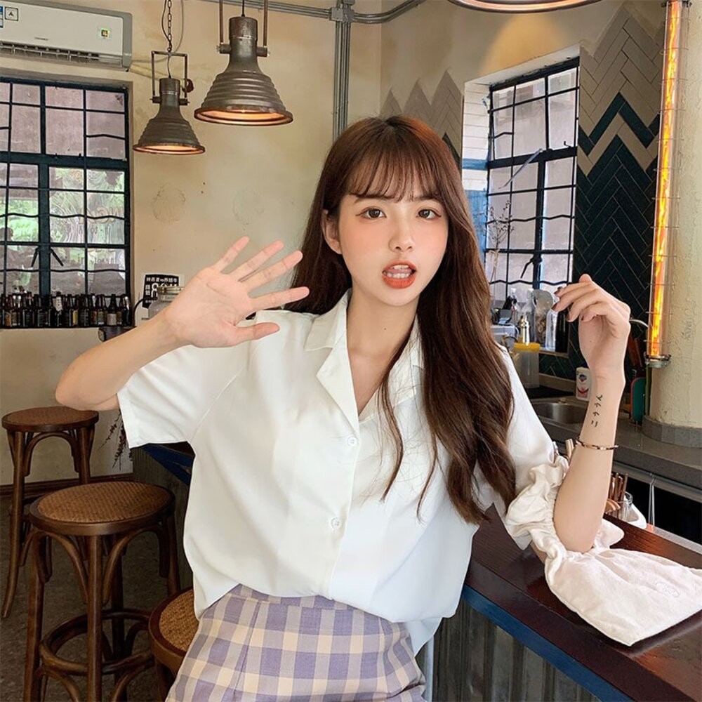 【台灣發貨】韓版寬鬆西裝領短袖襯衫 衣服 女裝 t恤 短袖t恤 上衣【T269】-細節圖6