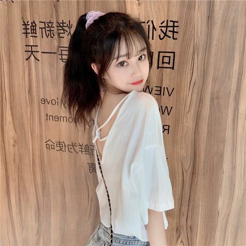 【台灣發貨】韓版寬鬆小心機露背短袖上衣 衣服 女裝 t恤 短袖t恤 上衣【T270】-細節圖9