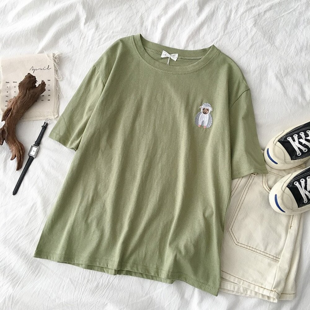 【台灣發貨】韓版可愛動物刺繡上衣短袖上衣 衣服 女裝 t恤 短袖t恤 上衣【T274】-細節圖3