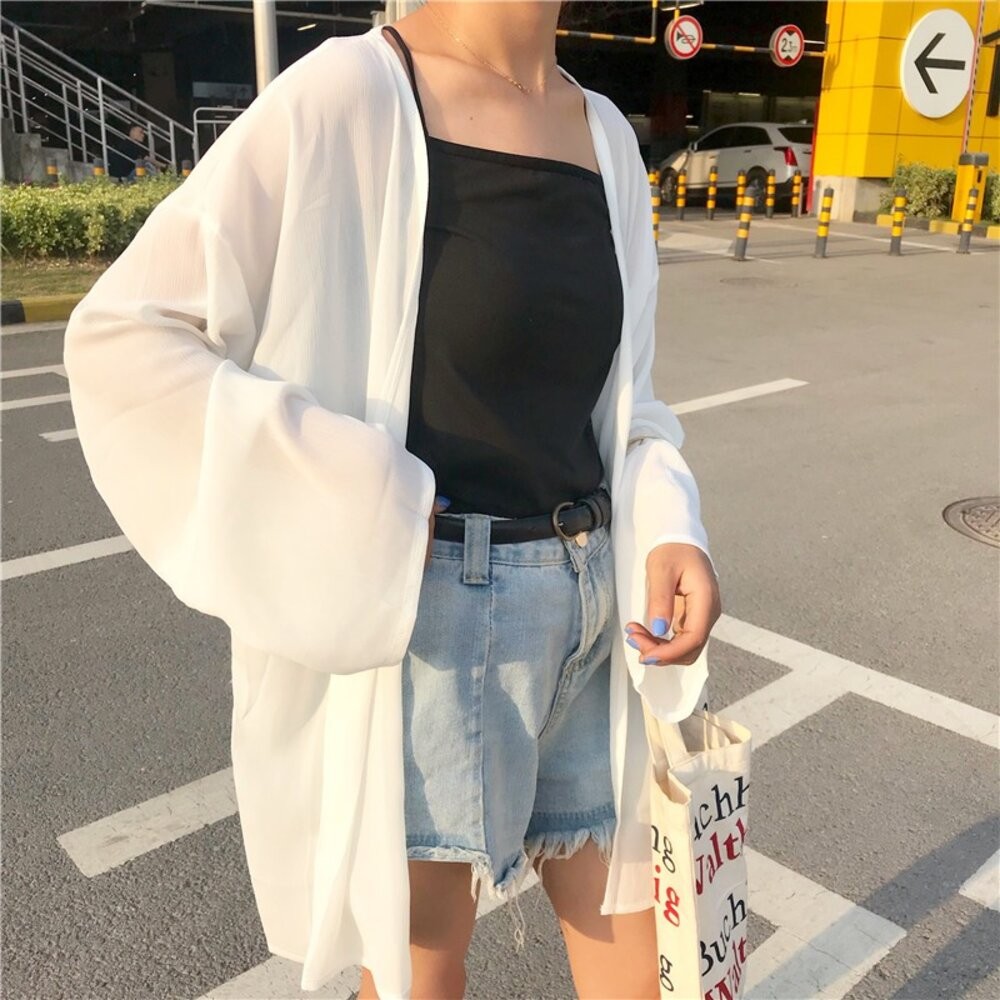 【台灣發貨】韓版白色薄款寬鬆雪紡罩衫 外套 防曬外套 女裝 上衣 衣服【J56】-細節圖6