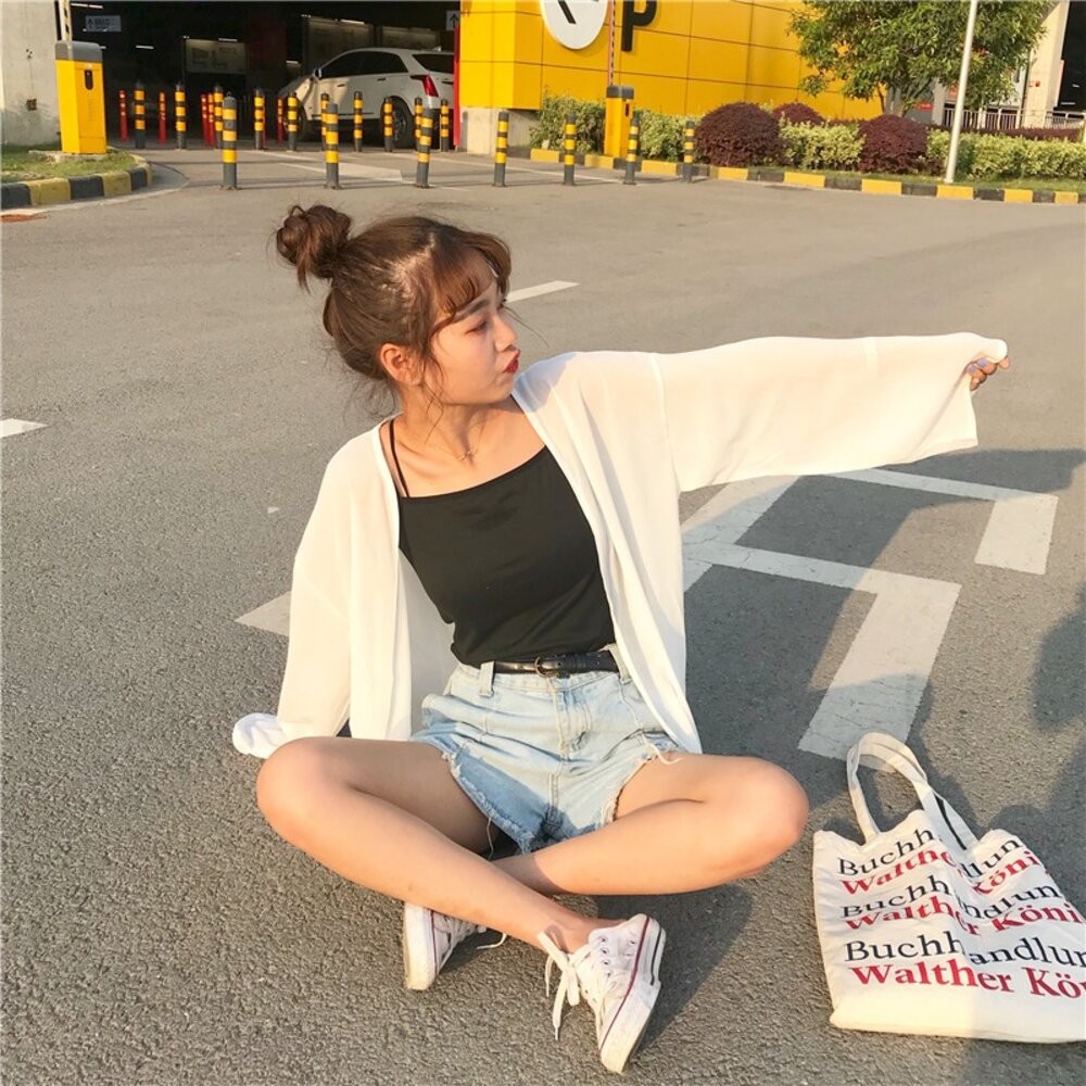 【台灣發貨】韓版白色薄款寬鬆雪紡罩衫 外套 防曬外套 女裝 上衣 衣服【J56】-細節圖7