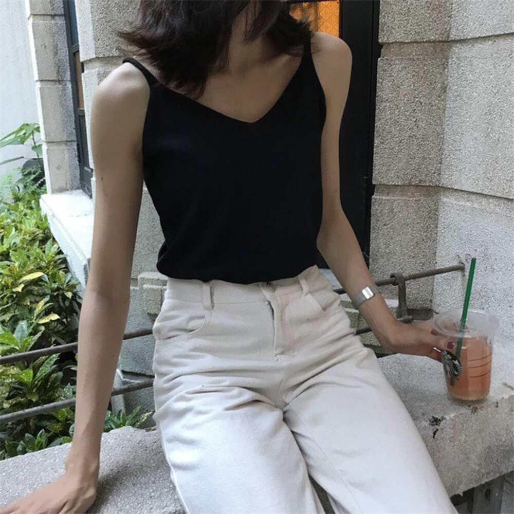 【台灣發貨】韓版V領寬鬆吊帶針織背心 小可愛 背心 衣服 女裝 上衣【V39】-細節圖5