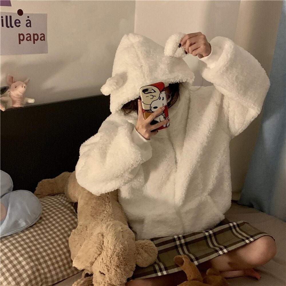 【台灣發貨】韓版甜美可愛毛絨小熊耳朵長袖外套 外套 防曬外套 女裝 上衣 衣服 【J136】-細節圖2
