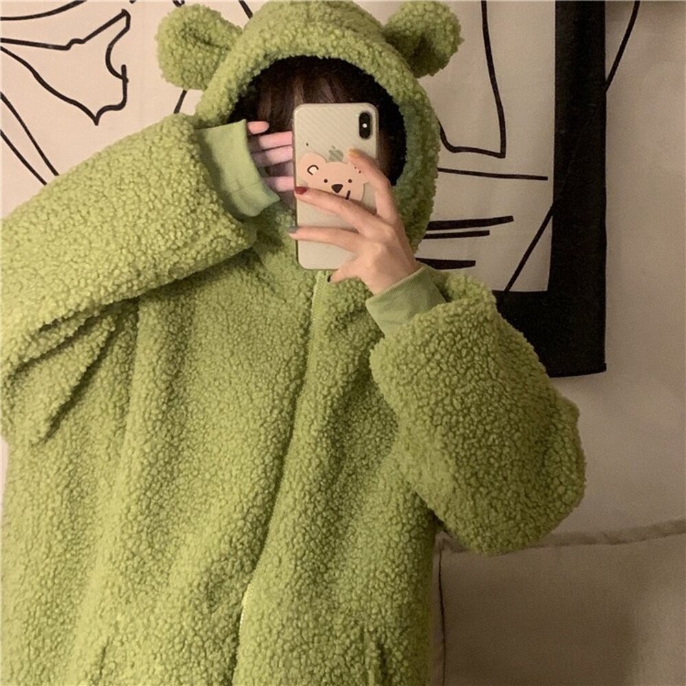 【台灣發貨】韓版甜美可愛毛絨小熊耳朵長袖外套 外套 防曬外套 女裝 上衣 衣服 【J136】-細節圖6