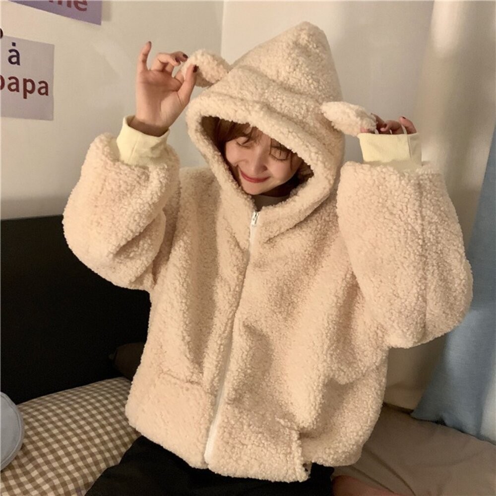 【台灣發貨】韓版甜美可愛毛絨小熊耳朵長袖外套 外套 防曬外套 女裝 上衣 衣服 【J136】-細節圖7