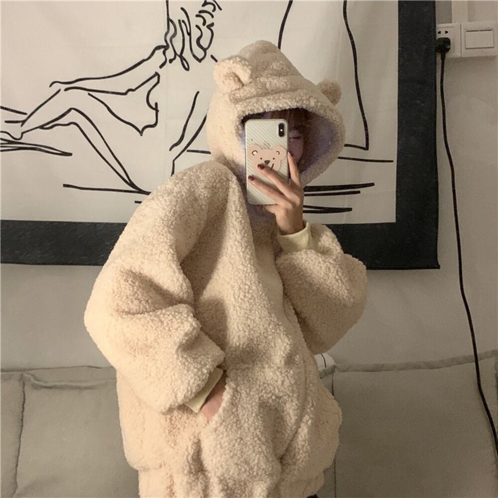 【台灣發貨】韓版甜美可愛毛絨小熊耳朵長袖外套 外套 防曬外套 女裝 上衣 衣服 【J136】-細節圖8