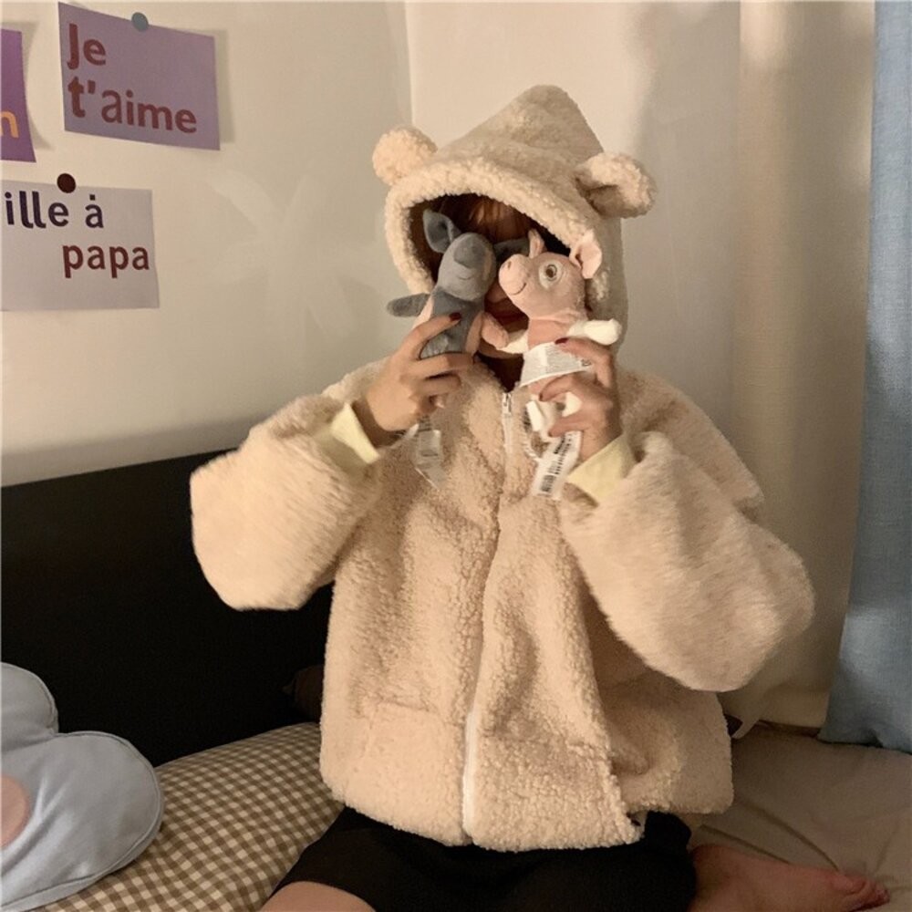 【台灣發貨】韓版甜美可愛毛絨小熊耳朵長袖外套 外套 防曬外套 女裝 上衣 衣服 【J136】-細節圖9