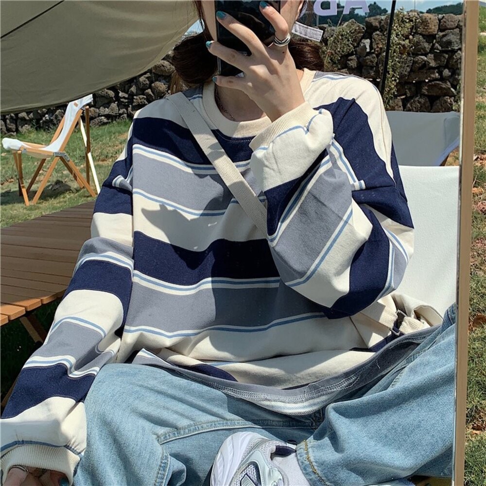 【台灣發貨】韓版寬條紋寬鬆圓領大學T 長袖上衣 長袖t恤 衣服 女裝 上衣【W182】-細節圖9