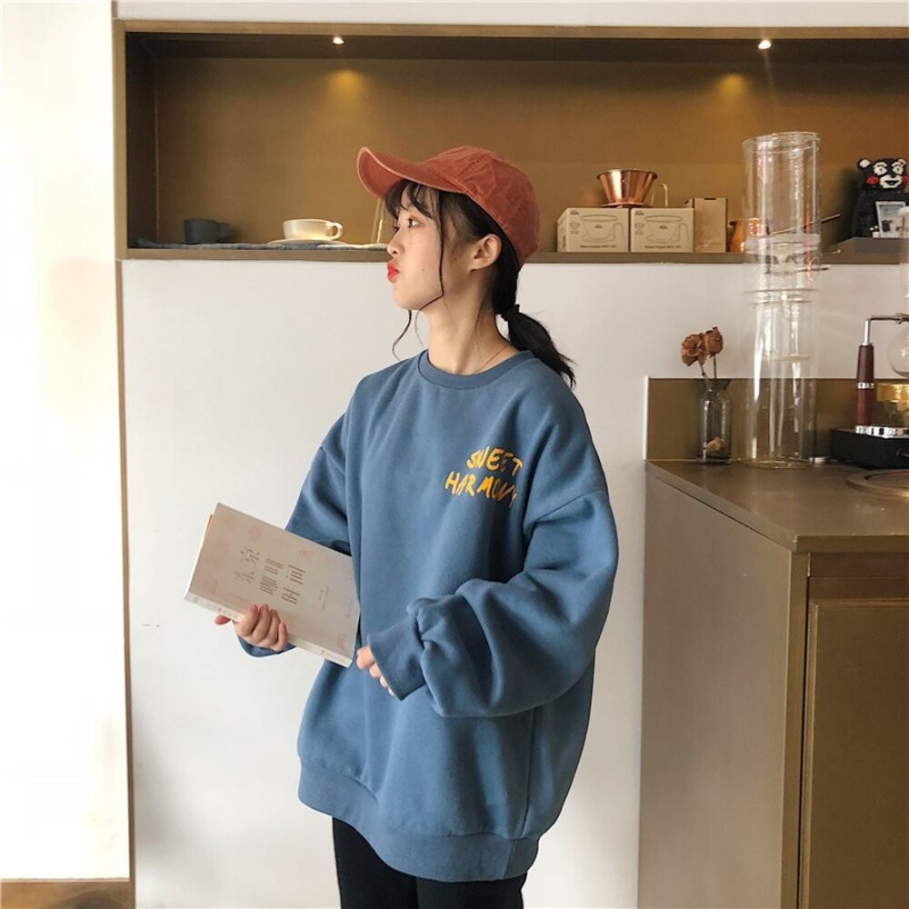 【台灣發貨】韓版寬鬆圓領內刷毛字母大學T 長袖上衣 長袖t恤 衣服 女裝 上衣【W183】-細節圖4