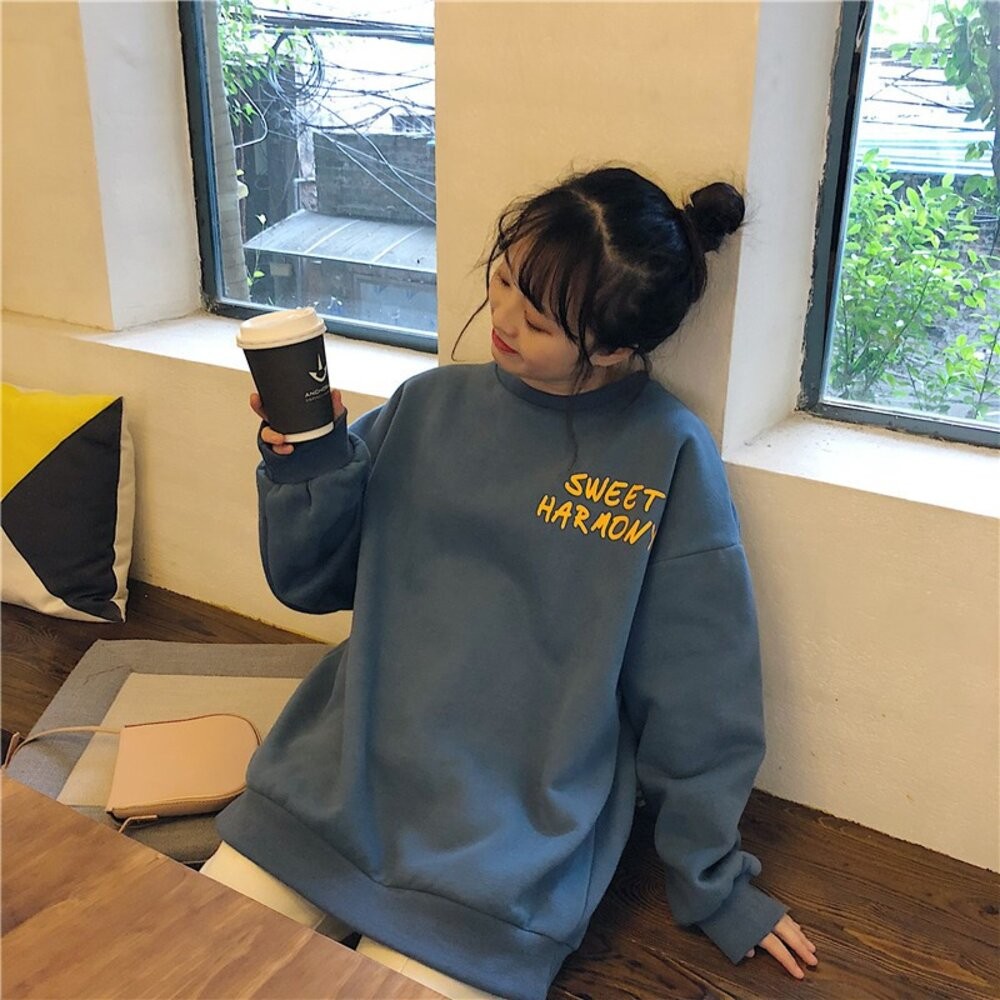 【台灣發貨】韓版寬鬆圓領內刷毛字母大學T 長袖上衣 長袖t恤 衣服 女裝 上衣【W183】-細節圖5