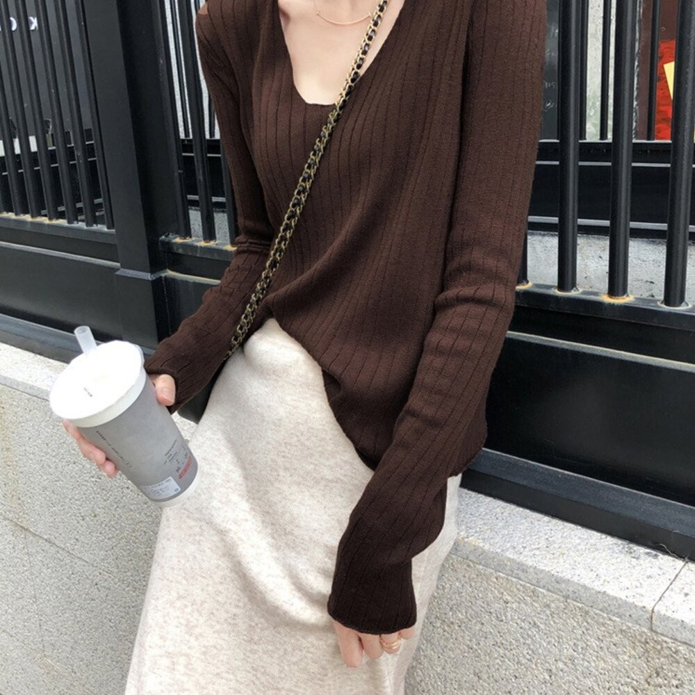 【台灣發貨】韓版柔軟慵懶風v領針織上衣 長袖上衣 長袖t恤 衣服 女裝 上衣【W192】-細節圖5
