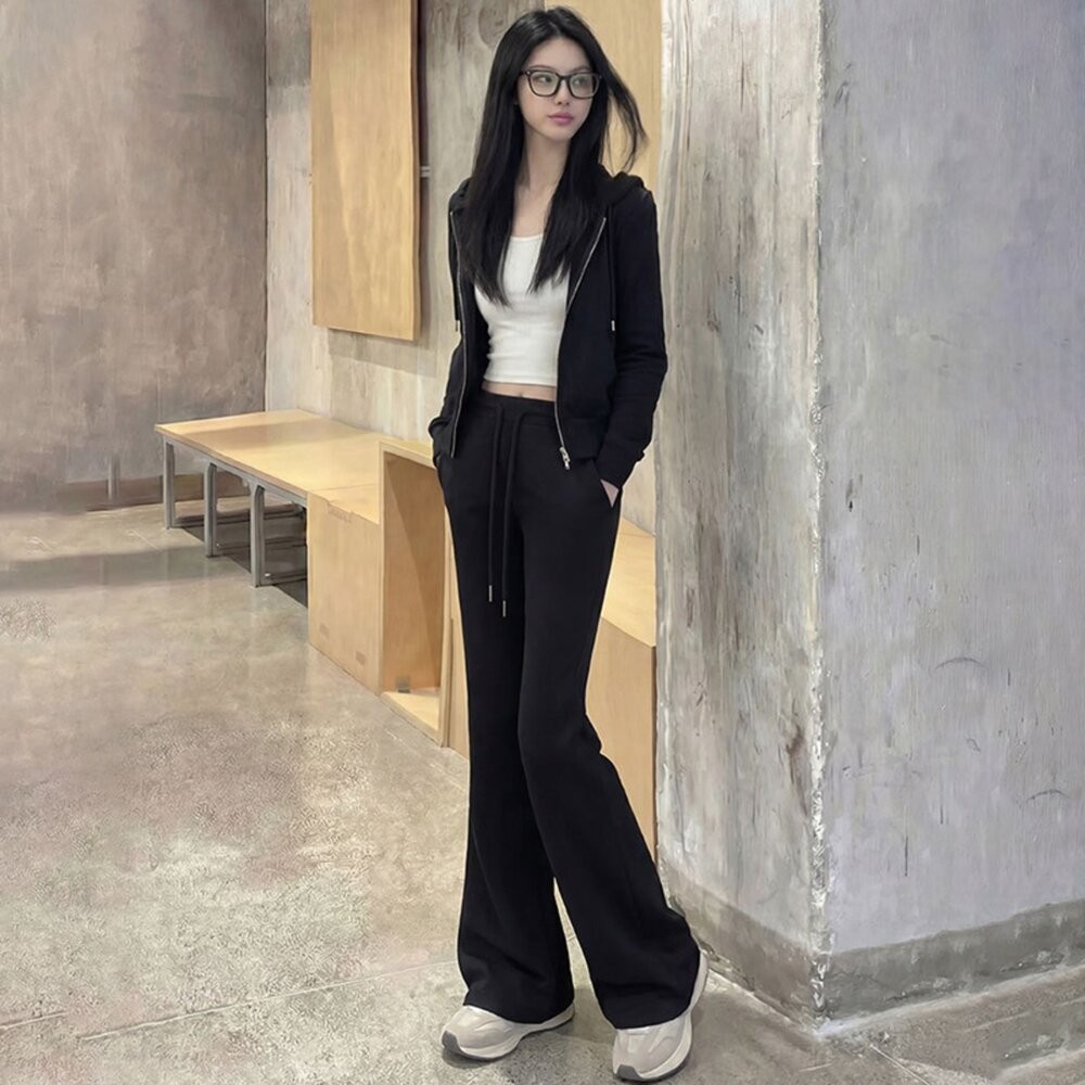 【台灣發貨】韓版高腰顯瘦灰色微喇叭運動褲 寬褲 褲子 女裝【P360】-細節圖4