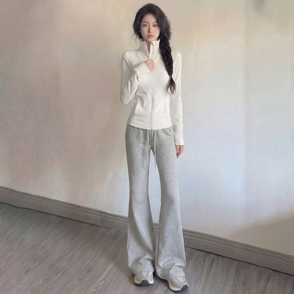 【台灣發貨】韓版高腰顯瘦灰色微喇叭運動褲 寬褲 褲子 女裝【P360】-細節圖5