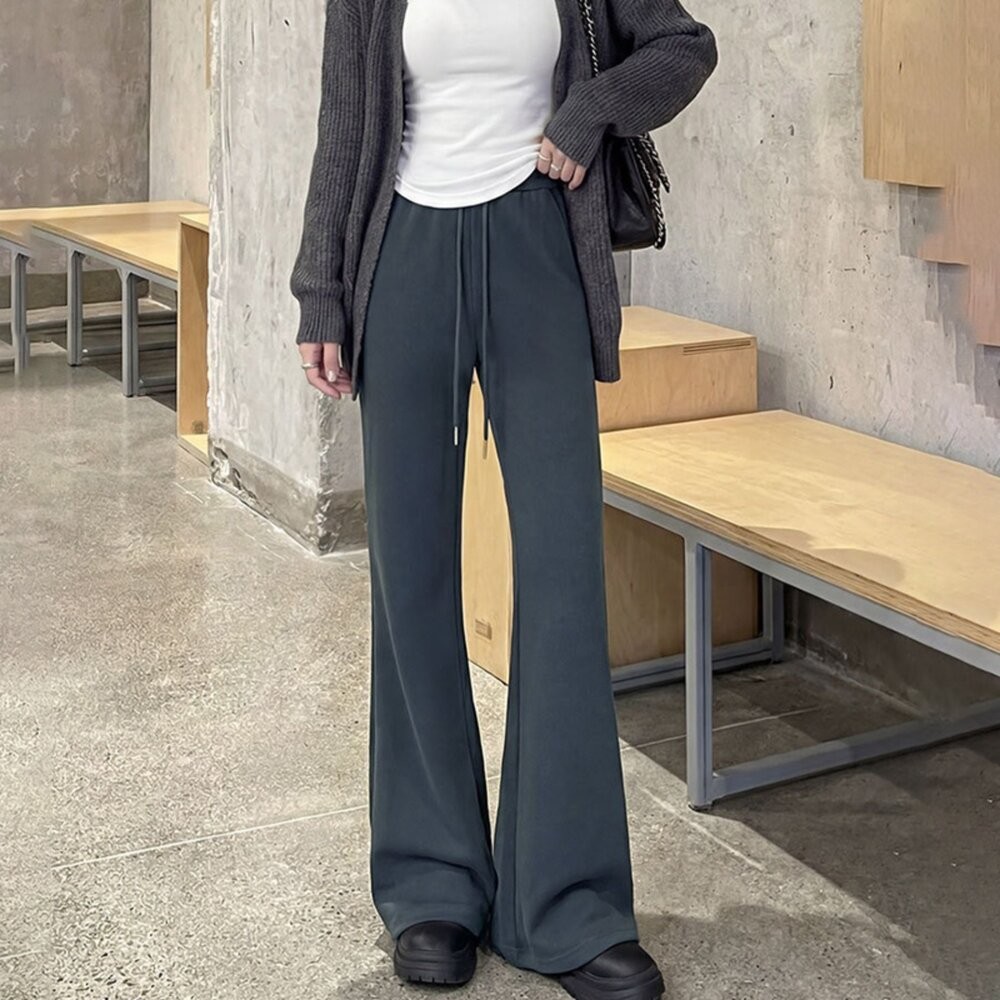 【台灣發貨】韓版高腰顯瘦灰色微喇叭運動褲 寬褲 褲子 女裝【P360】-細節圖6