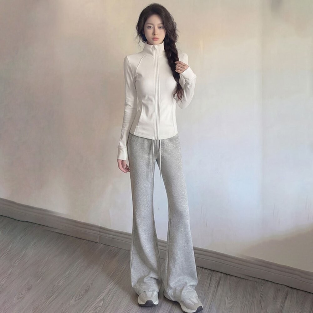 【台灣發貨】韓版高腰顯瘦灰色微喇叭運動褲 寬褲 褲子 女裝【P360】-細節圖7