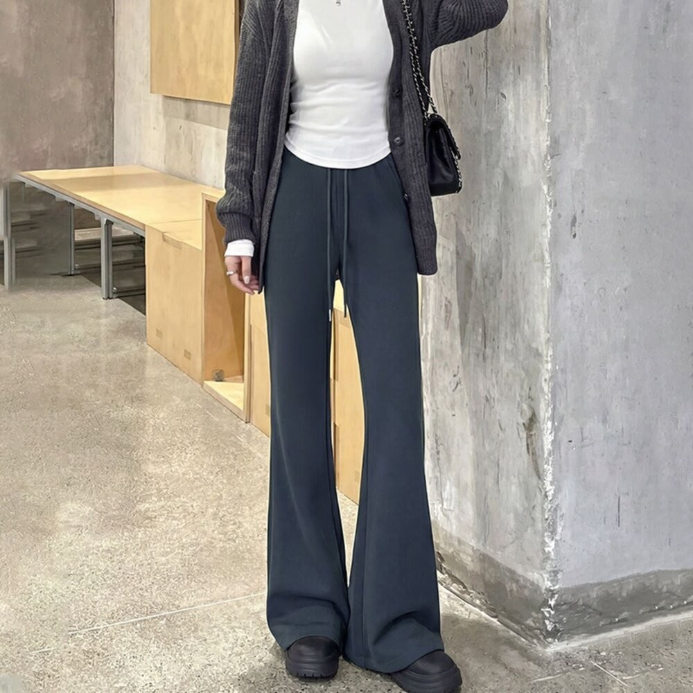 【台灣發貨】韓版高腰顯瘦灰色微喇叭運動褲 寬褲 褲子 女裝【P360】-細節圖8