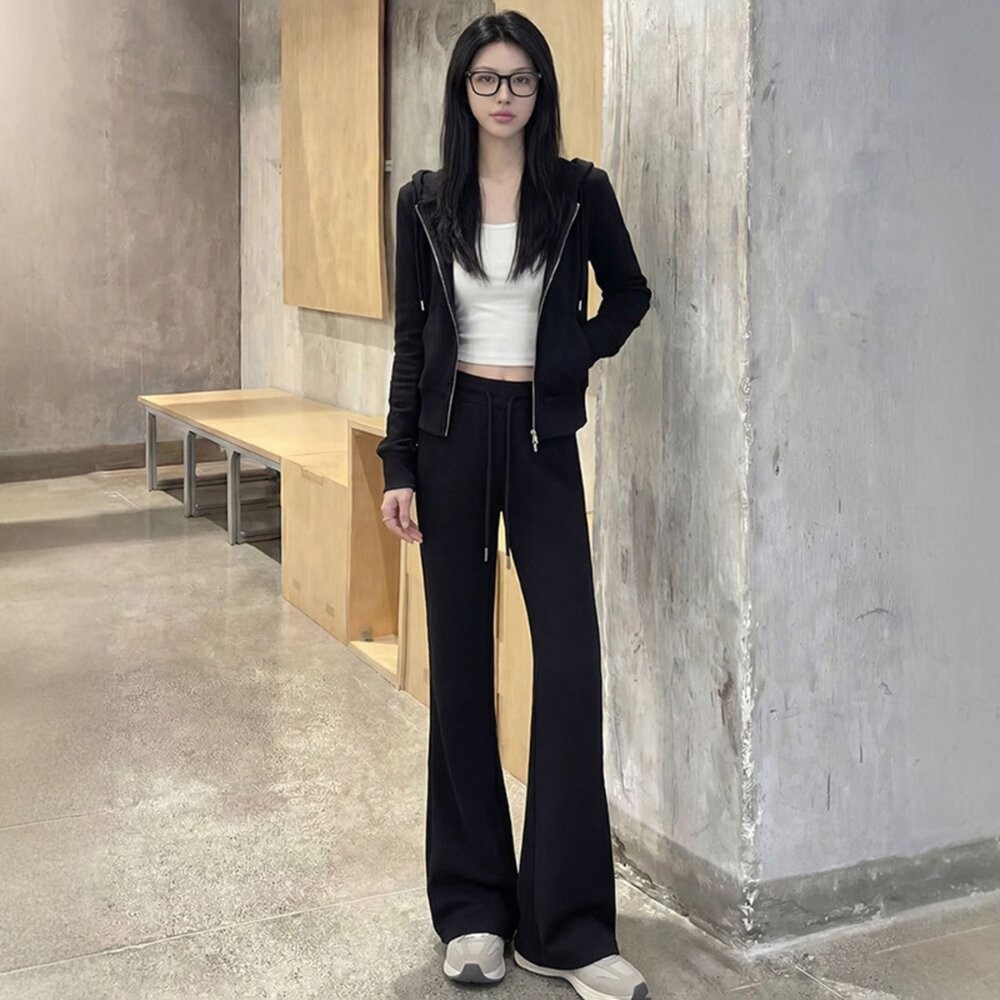 【台灣發貨】韓版高腰顯瘦灰色微喇叭運動褲 寬褲 褲子 女裝【P360】-細節圖10