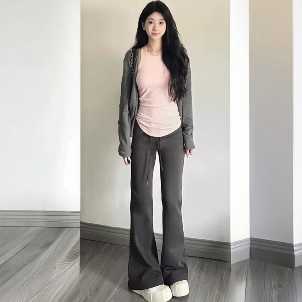 【台灣發貨】韓版顯瘦高腰微喇叭運動褲 寬褲 褲子 女裝【P360】-細節圖7